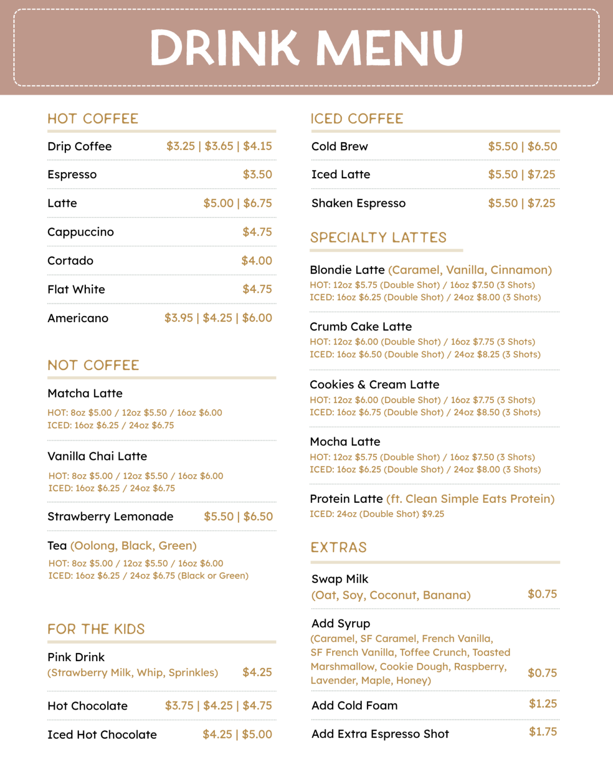 Cafe Menu - Small Town Play Cafe